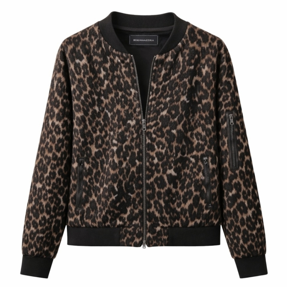 BCBG Max Azria Leopard Print Bomber Jacket Size L Soft Relaxed Fit Baddie